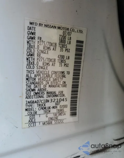 2008 Nissan Titan Xe from USA, damaged, VIN 1N6BA07C18N321045